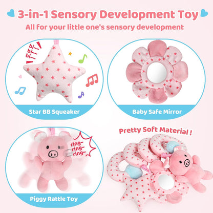 Car Seat Toys for Babies, Spiral Hanging Toys Stroller Activity Toys, Pink Sensory Baby Plush Carseat Toys Baby Toys Newborn Essentials for 0 3 6 12 Months