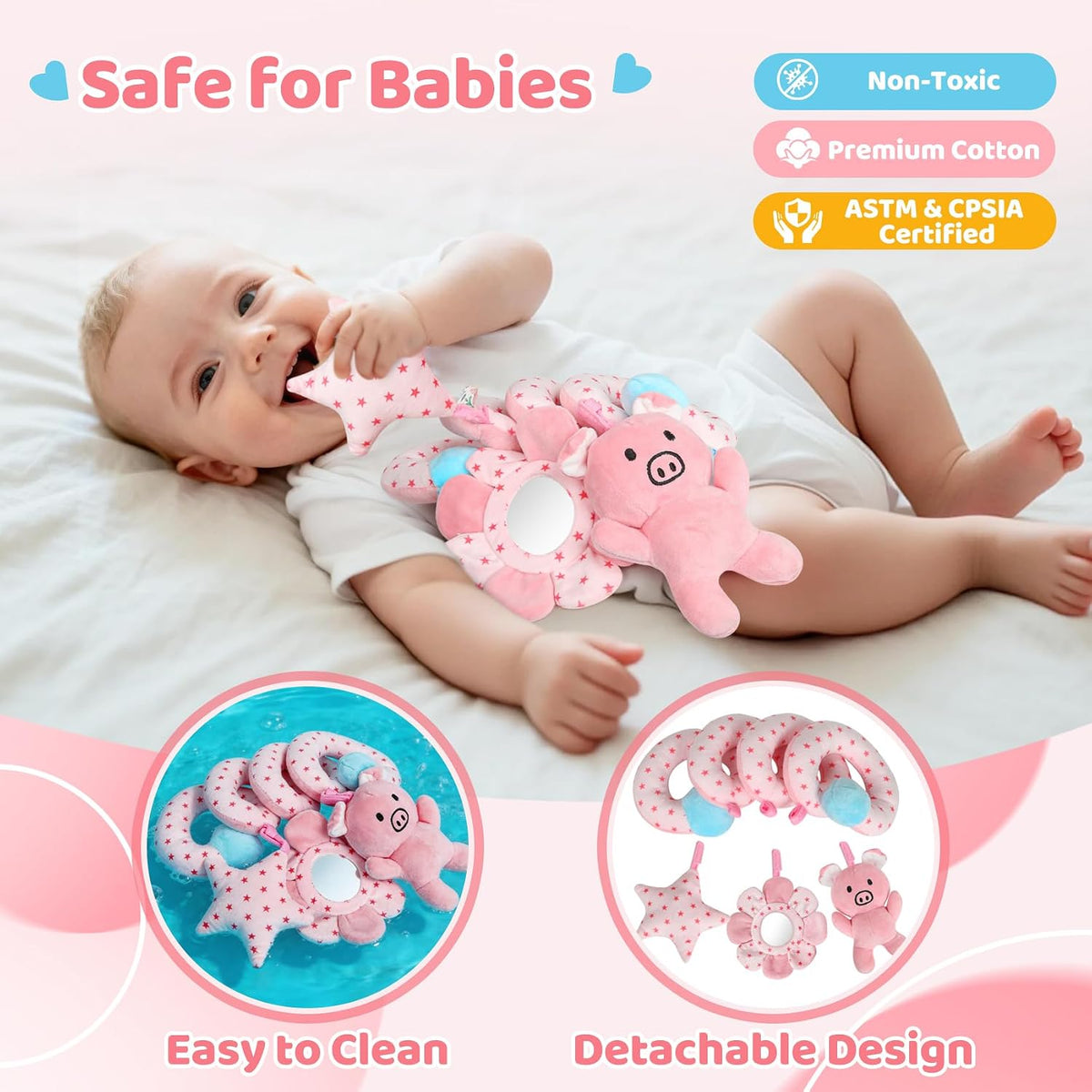 Car Seat Toys for Babies, Spiral Hanging Toys Stroller Activity Toys, Pink Sensory Baby Plush Carseat Toys Baby Toys Newborn Essentials for 0 3 6 12 Months
