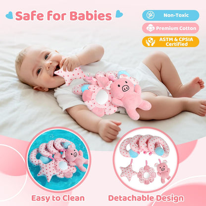Car Seat Toys for Babies, Spiral Hanging Toys Stroller Activity Toys, Pink Sensory Baby Plush Carseat Toys Baby Toys Newborn Essentials for 0 3 6 12 Months