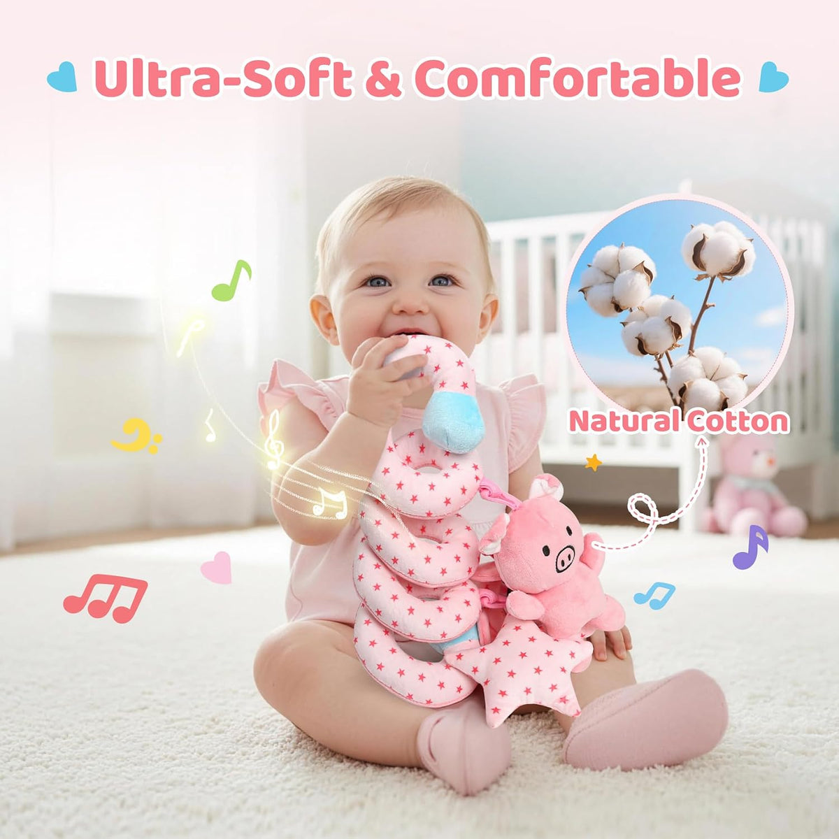Car Seat Toys for Babies, Spiral Hanging Toys Stroller Activity Toys, Pink Sensory Baby Plush Carseat Toys Baby Toys Newborn Essentials for 0 3 6 12 Months