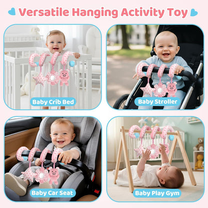 Car Seat Toys for Babies, Spiral Hanging Toys Stroller Activity Toys, Pink Sensory Baby Plush Carseat Toys Baby Toys Newborn Essentials for 0 3 6 12 Months