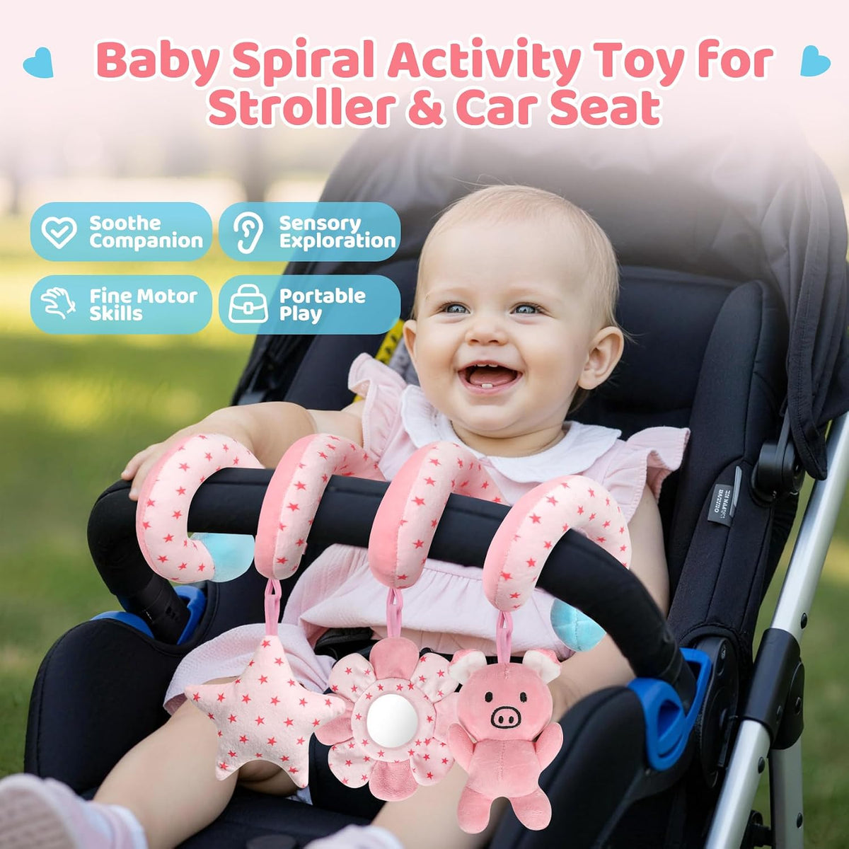Car Seat Toys for Babies, Spiral Hanging Toys Stroller Activity Toys, Pink Sensory Baby Plush Carseat Toys Baby Toys Newborn Essentials for 0 3 6 12 Months