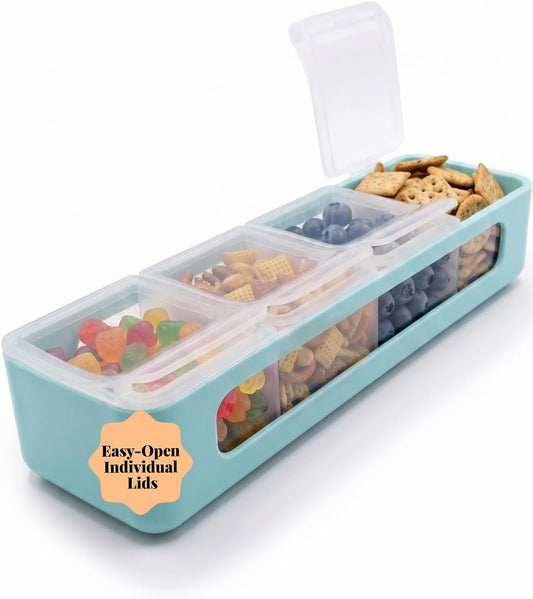 Snackle Box | 4-Compartment Snack Container with Individual Lids, BPA-Free Food Storage for Travel, School & On-the-Go Snacks, Kids & Family Organizer (Blue)