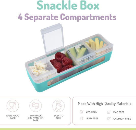 Snackle Box | 4-Compartment Snack Container with Individual Lids, BPA-Free Food Storage for Travel, School & On-the-Go Snacks, Kids & Family Organizer (Blue)
