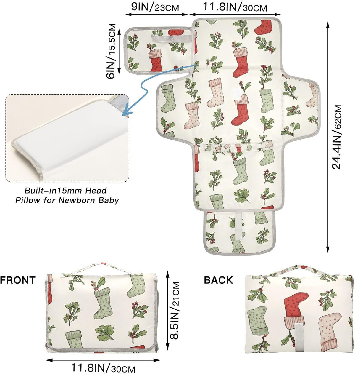 Portable Diaper Changing Pad Waterproof Foldable Travel Changing Mat with Built-in Pillow for Newborn Girls Boys Toddlers Moms Dads Parents Cherry Blossom - Colors B