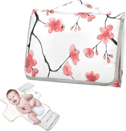 Portable Diaper Changing Pad Waterproof Foldable Travel Changing Mat with Built-in Pillow for Newborn Girls Boys Toddlers Moms Dads Parents Cherry Blossom - Colors B