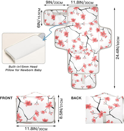 Portable Diaper Changing Pad Waterproof Foldable Travel Changing Mat with Built-in Pillow for Newborn Girls Boys Toddlers Moms Dads Parents Cherry Blossom - Colors B
