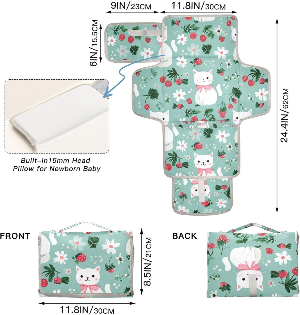 Portable Diaper Changing Pad Waterproof Foldable Travel Changing Mat with Built-in Pillow for Newborn Girls Boys Toddlers Moms Dads Parents Cherry Blossom - Colors B