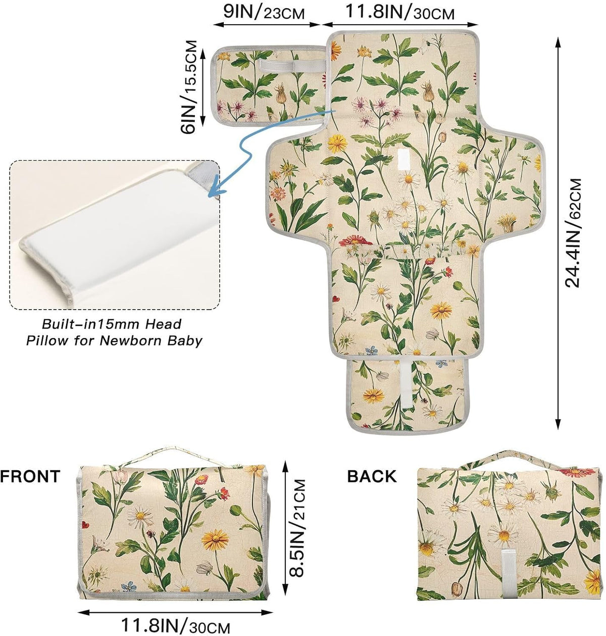 Portable Diaper Changing Pad Waterproof Foldable Travel Changing Mat with Built-in Pillow for Newborn Girls Boys Toddlers Moms Dads Parents Cherry Blossom - Colors B