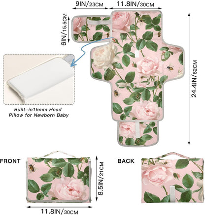 Portable Diaper Changing Pad Waterproof Foldable Travel Changing Mat with Built-in Pillow for Newborn Girls Boys Toddlers Moms Dads Parents Cherry Blossom - Colors B