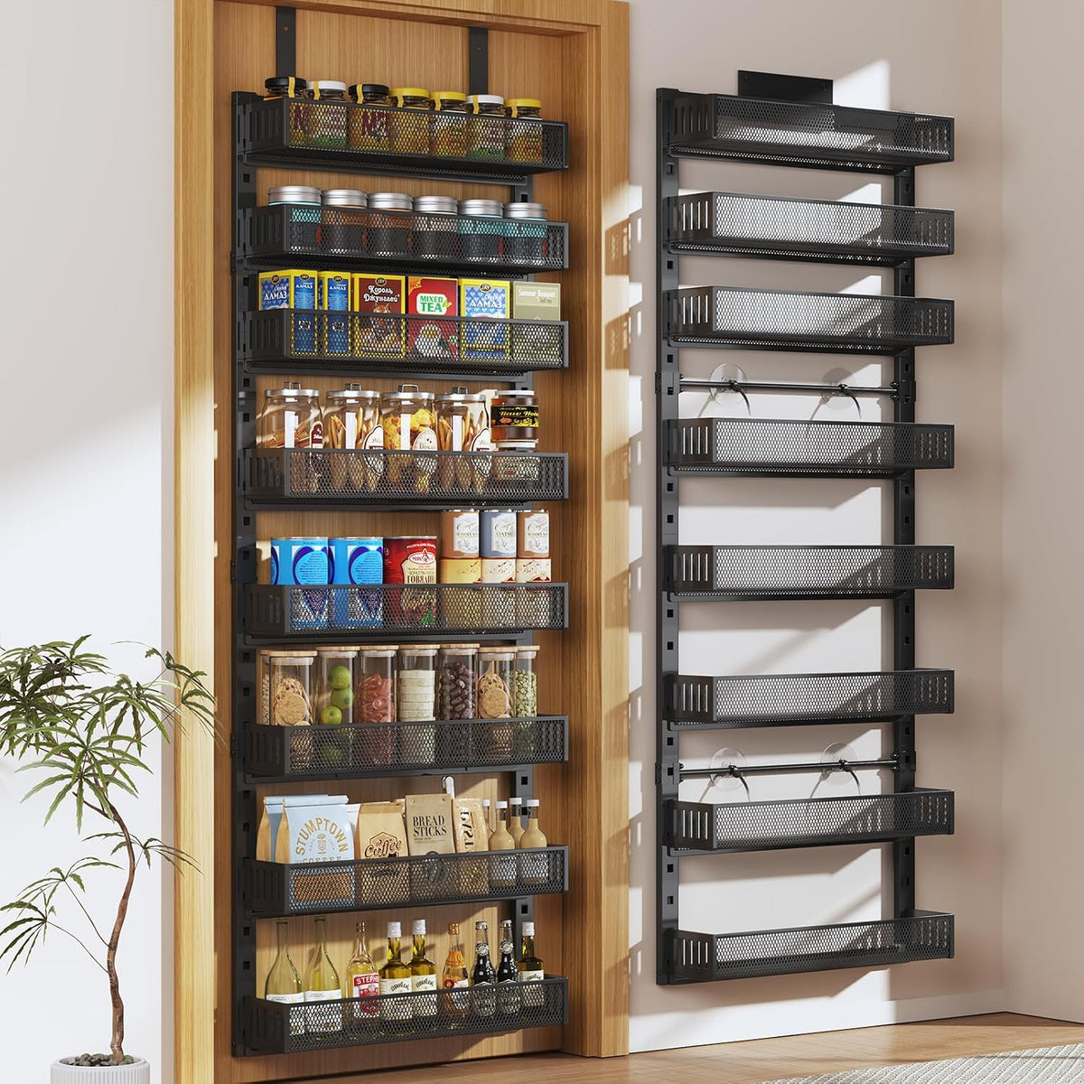 Pantry Door Organizers and Storage, 8-Tier Large Metal Heavy-Duty Frame Over the Door Spice Rack, 2 in 1 Wall-Mounted or Hanging shelf for Kitchen, Bathroom, Laundry Room, Bedroom, Closet &Nursery
