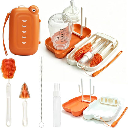 6-in-1 Baby Bottle Brush Set – Portable Silicone Bottle Cleaner with Drying Rack, Soap Dispenser, Nipple Brush & Straw Brush – Travel-Friendly Bottle Cleaning Kit