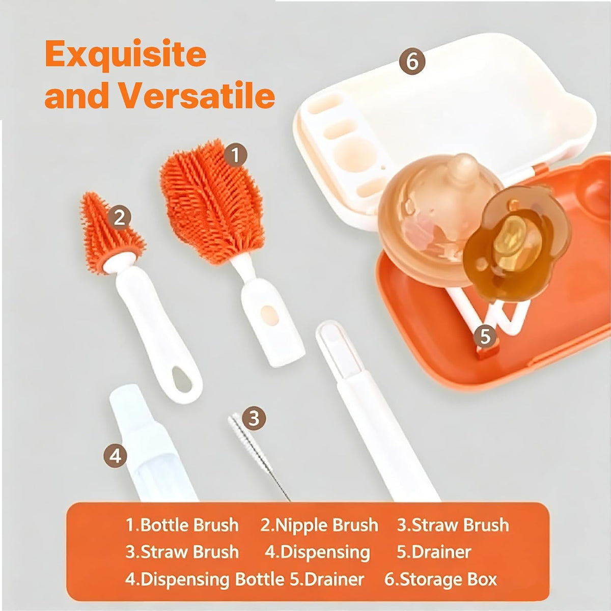 6-in-1 Baby Bottle Brush Set – Portable Silicone Bottle Cleaner with Drying Rack, Soap Dispenser, Nipple Brush & Straw Brush – Travel-Friendly Bottle Cleaning Kit