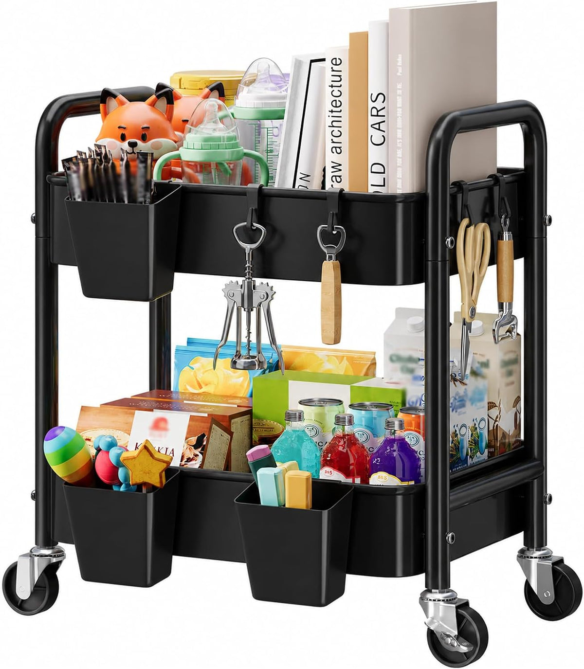 3 Tier Rolling Cart with Wheels, Metal Utility Storage Cart on Wheels, Craft Carts Organizer with Hanging Cups, Hooks, Three Tiered Rolling Carts for Bathroom, Laundry Room, Nursery, Office, Pink