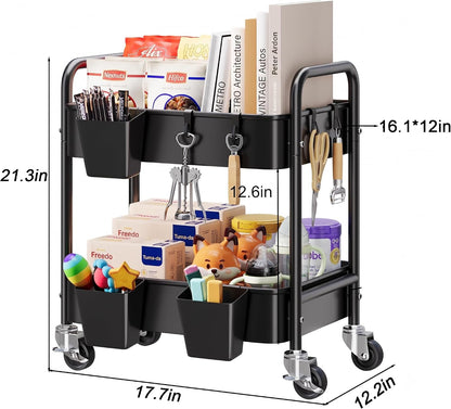 3 Tier Rolling Cart with Wheels, Metal Utility Storage Cart on Wheels, Craft Carts Organizer with Hanging Cups, Hooks, Three Tiered Rolling Carts for Bathroom, Laundry Room, Nursery, Office, Pink