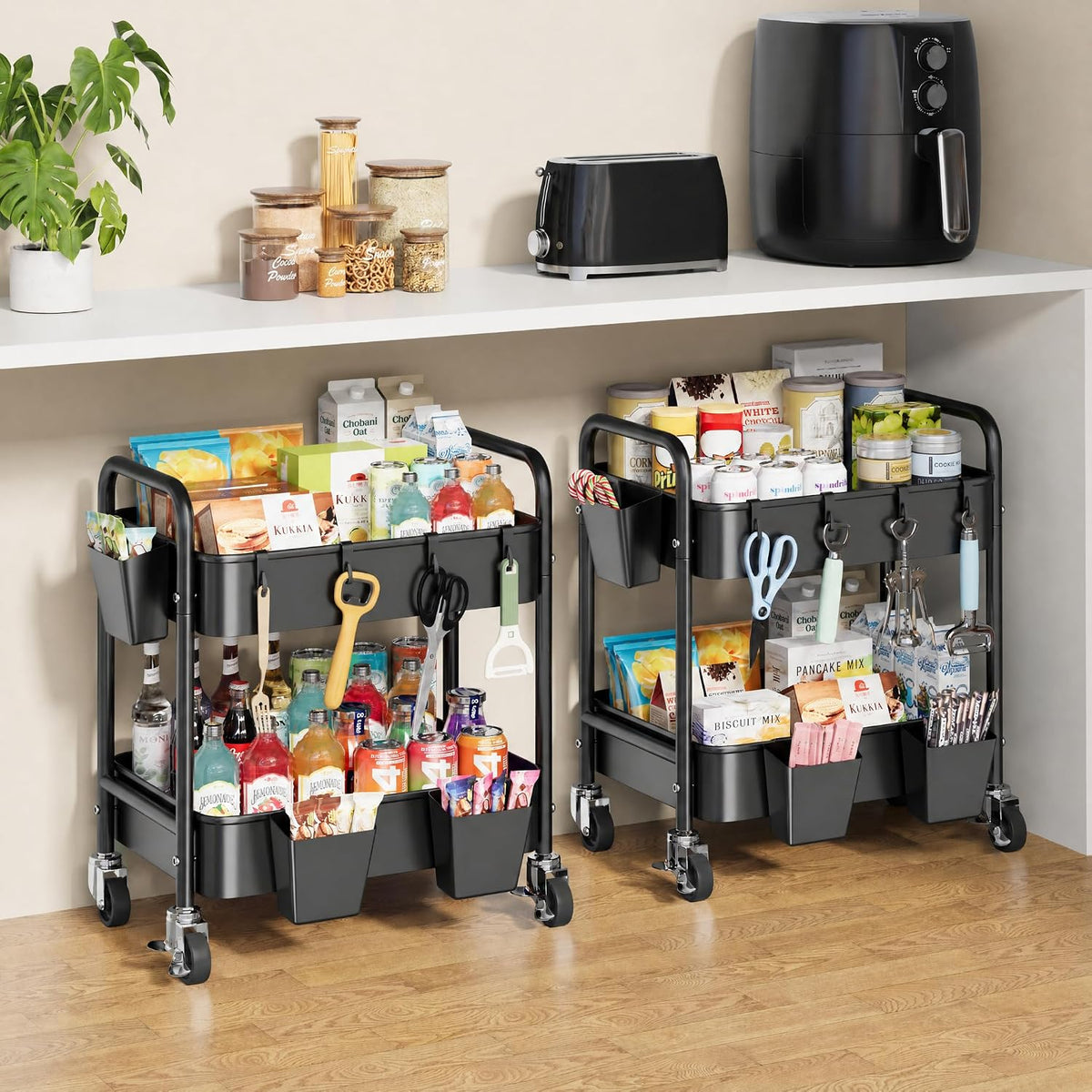 3 Tier Rolling Cart with Wheels, Metal Utility Storage Cart on Wheels, Craft Carts Organizer with Hanging Cups, Hooks, Three Tiered Rolling Carts for Bathroom, Laundry Room, Nursery, Office, Pink