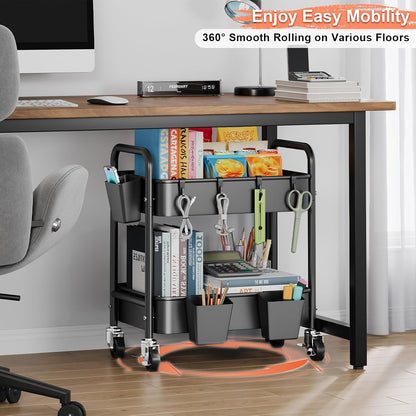 3 Tier Rolling Cart with Wheels, Metal Utility Storage Cart on Wheels, Craft Carts Organizer with Hanging Cups, Hooks, Three Tiered Rolling Carts for Bathroom, Laundry Room, Nursery, Office, Pink