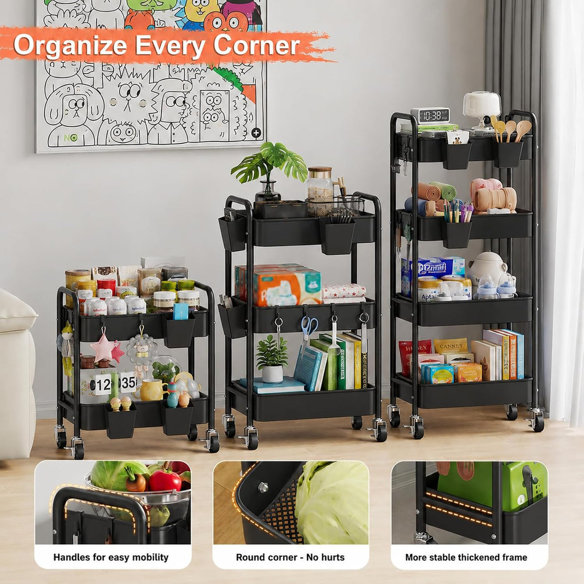 3 Tier Rolling Cart with Wheels, Metal Utility Storage Cart on Wheels, Craft Carts Organizer with Hanging Cups, Hooks, Three Tiered Rolling Carts for Bathroom, Laundry Room, Nursery, Office, Pink