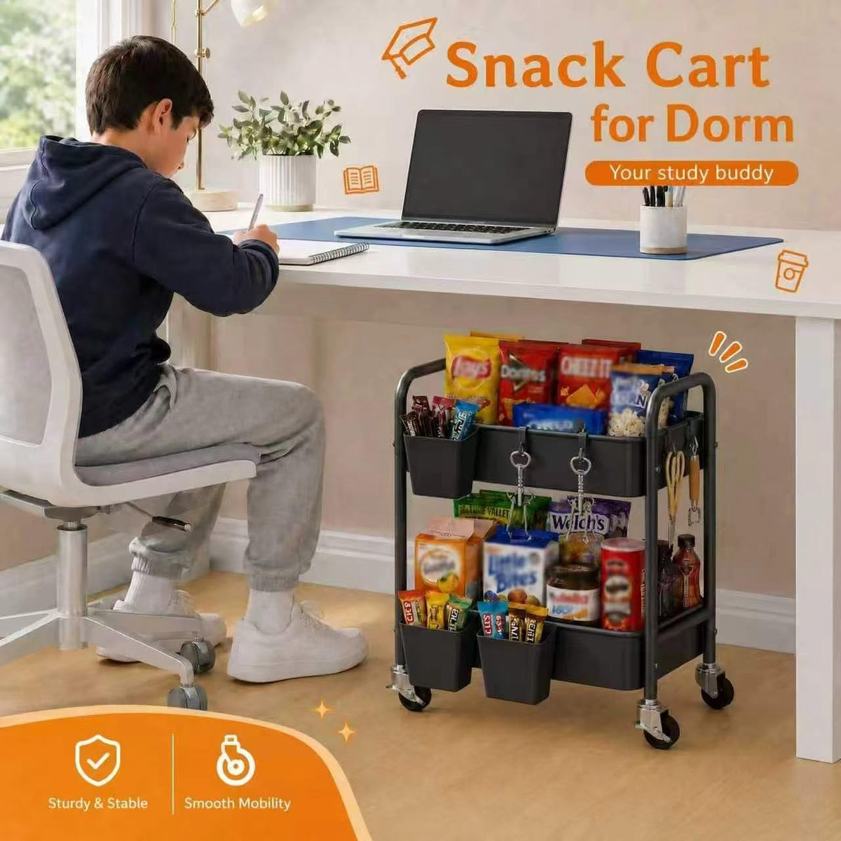 3 Tier Rolling Cart with Wheels, Metal Utility Storage Cart on Wheels, Craft Carts Organizer with Hanging Cups, Hooks, Three Tiered Rolling Carts for Bathroom, Laundry Room, Nursery, Office, Pink