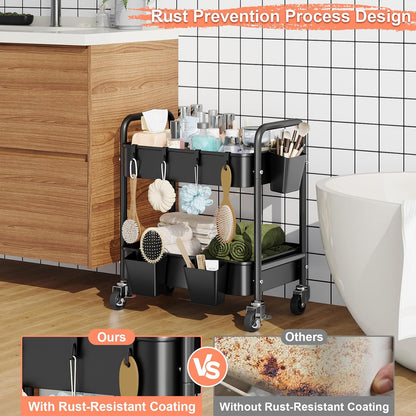 3 Tier Rolling Cart with Wheels, Metal Utility Storage Cart on Wheels, Craft Carts Organizer with Hanging Cups, Hooks, Three Tiered Rolling Carts for Bathroom, Laundry Room, Nursery, Office, Pink