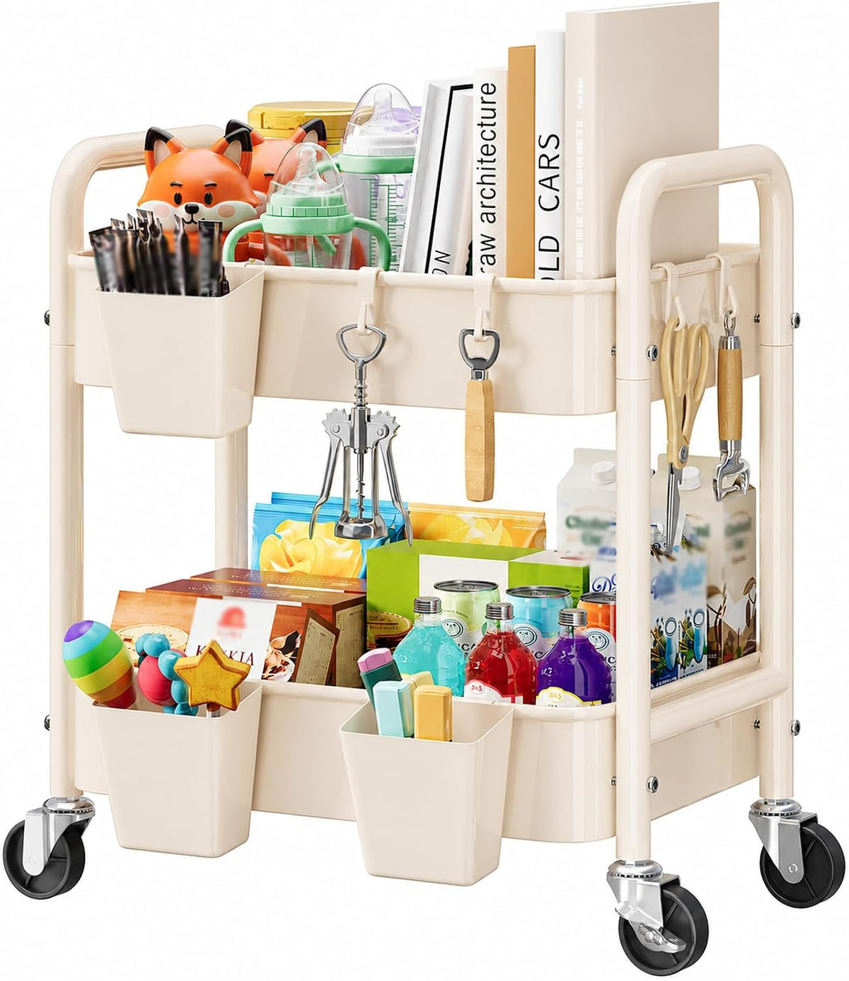 3 Tier Rolling Cart with Wheels, Metal Utility Storage Cart on Wheels, Craft Carts Organizer with Hanging Cups, Hooks, Three Tiered Rolling Carts for Bathroom, Laundry Room, Nursery, Office, Pink