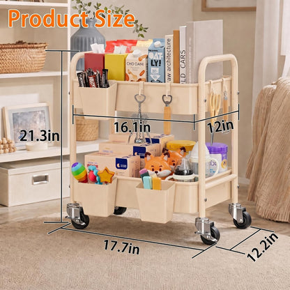 3 Tier Rolling Cart with Wheels, Metal Utility Storage Cart on Wheels, Craft Carts Organizer with Hanging Cups, Hooks, Three Tiered Rolling Carts for Bathroom, Laundry Room, Nursery, Office, Pink