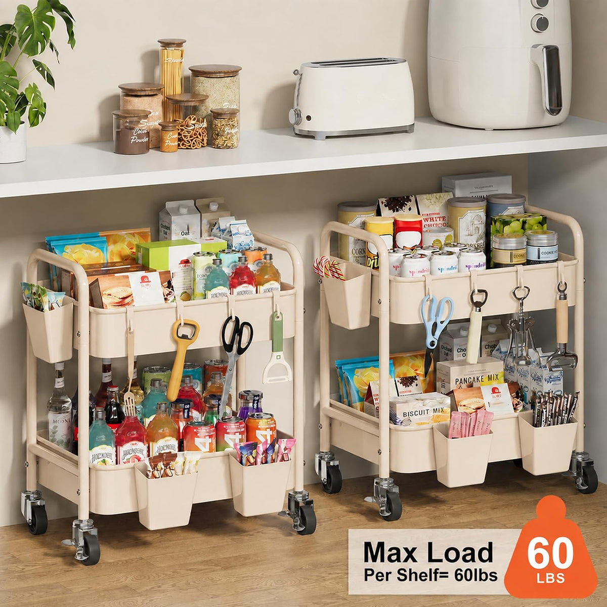 3 Tier Rolling Cart with Wheels, Metal Utility Storage Cart on Wheels, Craft Carts Organizer with Hanging Cups, Hooks, Three Tiered Rolling Carts for Bathroom, Laundry Room, Nursery, Office, Pink