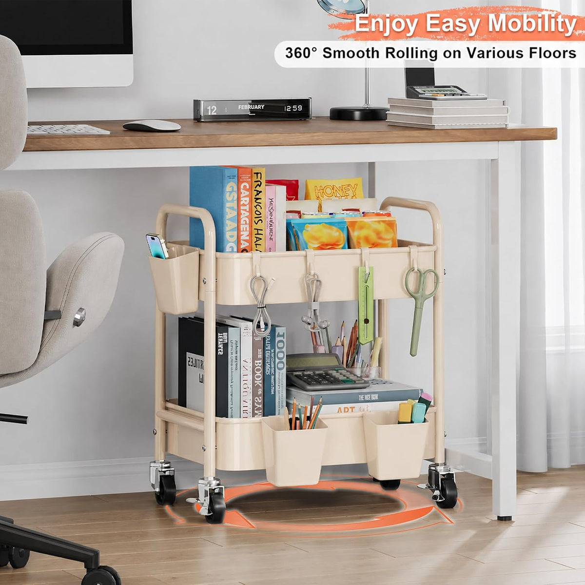 3 Tier Rolling Cart with Wheels, Metal Utility Storage Cart on Wheels, Craft Carts Organizer with Hanging Cups, Hooks, Three Tiered Rolling Carts for Bathroom, Laundry Room, Nursery, Office, Pink