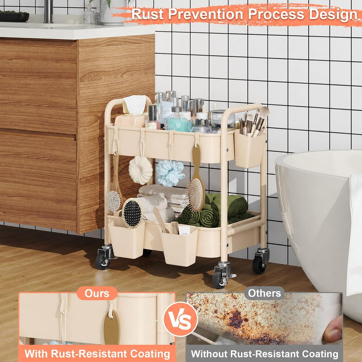 3 Tier Rolling Cart with Wheels, Metal Utility Storage Cart on Wheels, Craft Carts Organizer with Hanging Cups, Hooks, Three Tiered Rolling Carts for Bathroom, Laundry Room, Nursery, Office, Pink