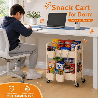 3 Tier Rolling Cart with Wheels, Metal Utility Storage Cart on Wheels, Craft Carts Organizer with Hanging Cups, Hooks, Three Tiered Rolling Carts for Bathroom, Laundry Room, Nursery, Office, Pink