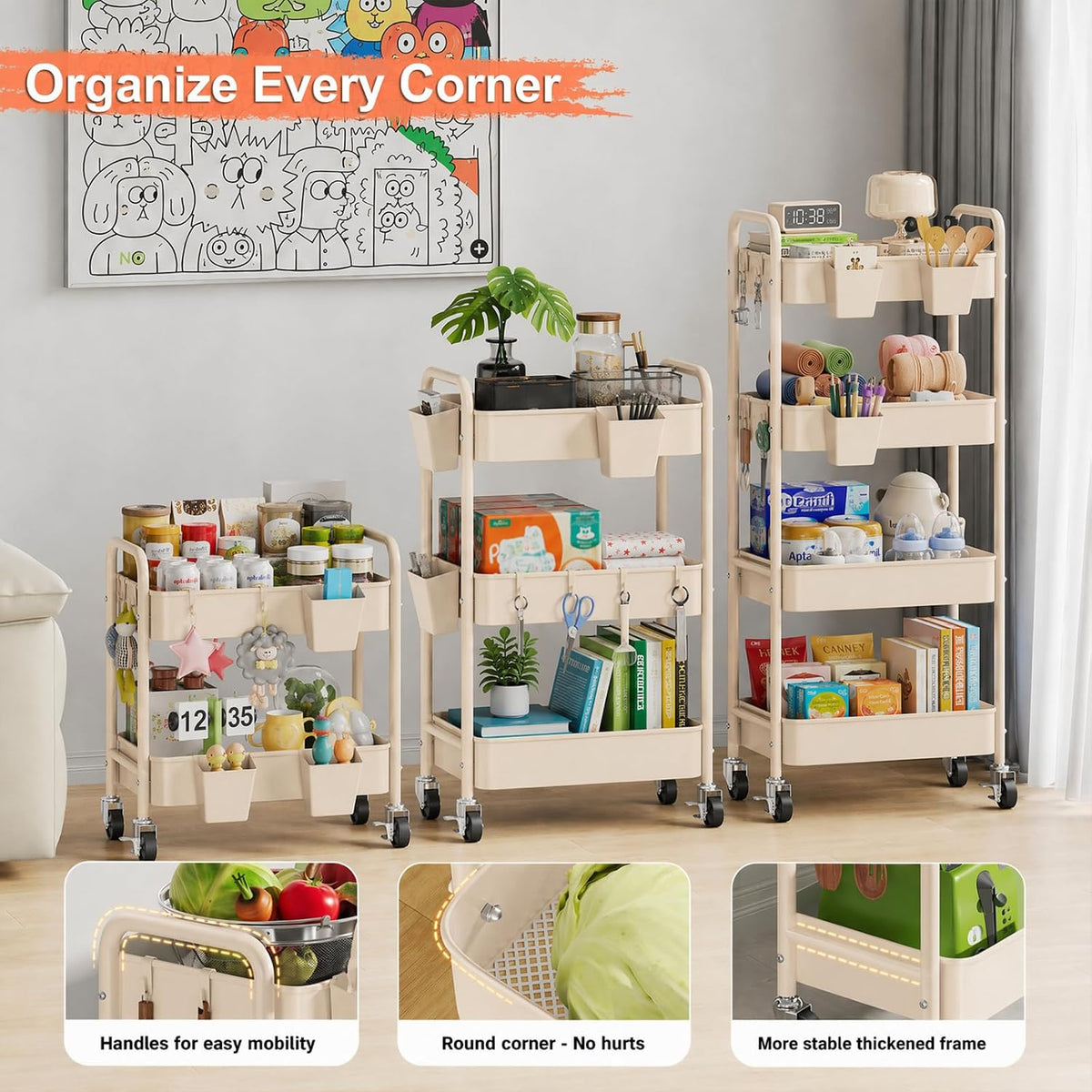 3 Tier Rolling Cart with Wheels, Metal Utility Storage Cart on Wheels, Craft Carts Organizer with Hanging Cups, Hooks, Three Tiered Rolling Carts for Bathroom, Laundry Room, Nursery, Office, Pink
