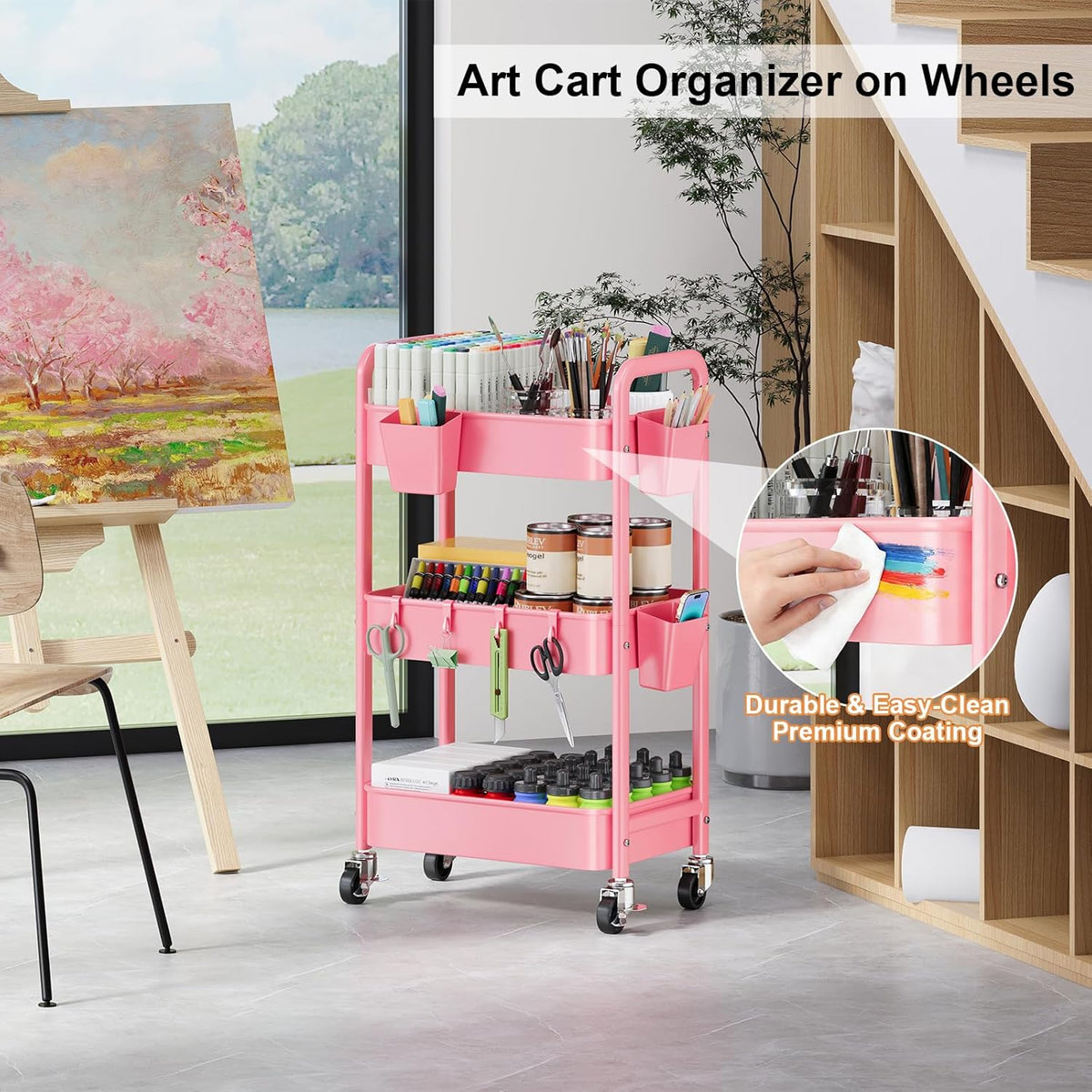 3 Tier Rolling Cart with Wheels, Metal Utility Storage Cart on Wheels, Craft Carts Organizer with Hanging Cups, Hooks, Three Tiered Rolling Carts for Bathroom, Laundry Room, Nursery, Office, Pink