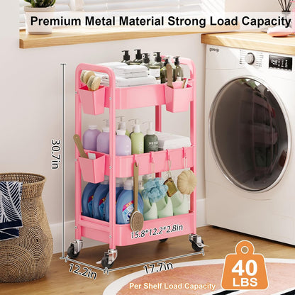 3 Tier Rolling Cart with Wheels, Metal Utility Storage Cart on Wheels, Craft Carts Organizer with Hanging Cups, Hooks, Three Tiered Rolling Carts for Bathroom, Laundry Room, Nursery, Office, Pink