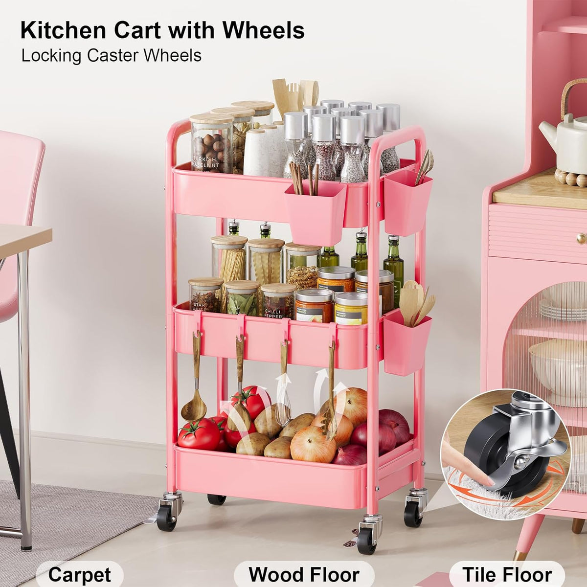 3 Tier Rolling Cart with Wheels, Metal Utility Storage Cart on Wheels, Craft Carts Organizer with Hanging Cups, Hooks, Three Tiered Rolling Carts for Bathroom, Laundry Room, Nursery, Office, Pink