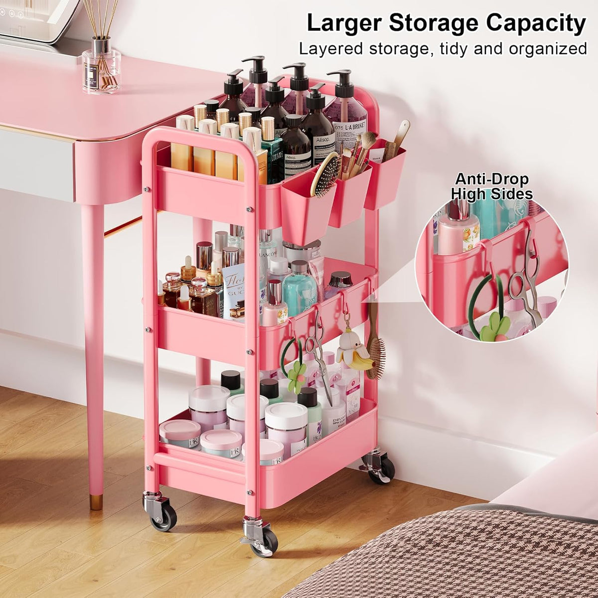 3 Tier Rolling Cart with Wheels, Metal Utility Storage Cart on Wheels, Craft Carts Organizer with Hanging Cups, Hooks, Three Tiered Rolling Carts for Bathroom, Laundry Room, Nursery, Office, Pink