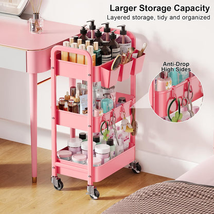 3 Tier Rolling Cart with Wheels, Metal Utility Storage Cart on Wheels, Craft Carts Organizer with Hanging Cups, Hooks, Three Tiered Rolling Carts for Bathroom, Laundry Room, Nursery, Office, Pink