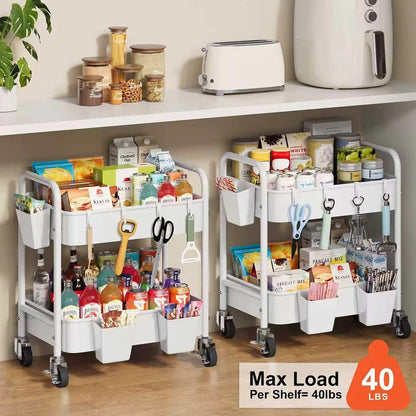 3 Tier Rolling Cart with Wheels, Metal Utility Storage Cart on Wheels, Craft Carts Organizer with Hanging Cups, Hooks, Three Tiered Rolling Carts for Bathroom, Laundry Room, Nursery, Office, Pink