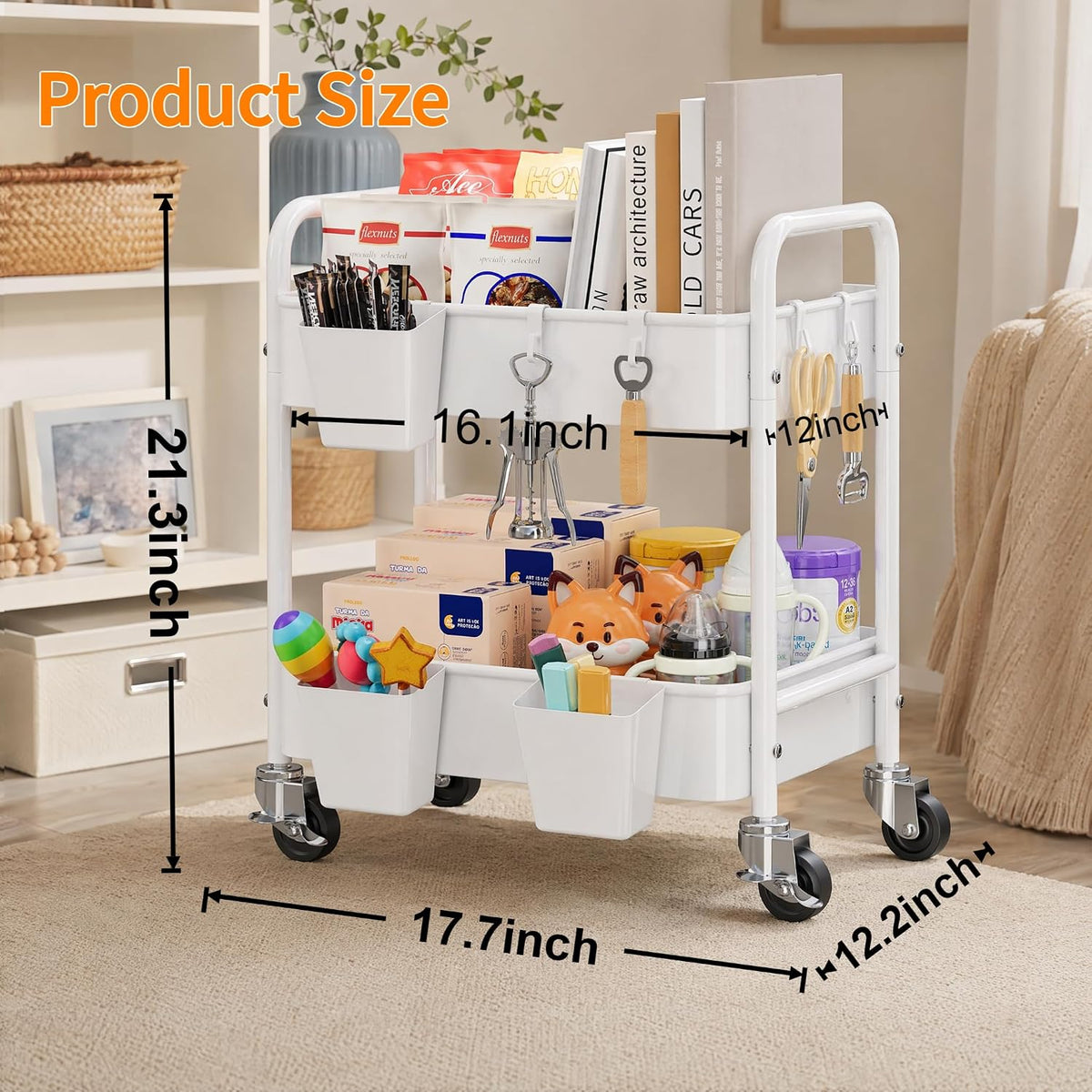 3 Tier Rolling Cart with Wheels, Metal Utility Storage Cart on Wheels, Craft Carts Organizer with Hanging Cups, Hooks, Three Tiered Rolling Carts for Bathroom, Laundry Room, Nursery, Office, Pink