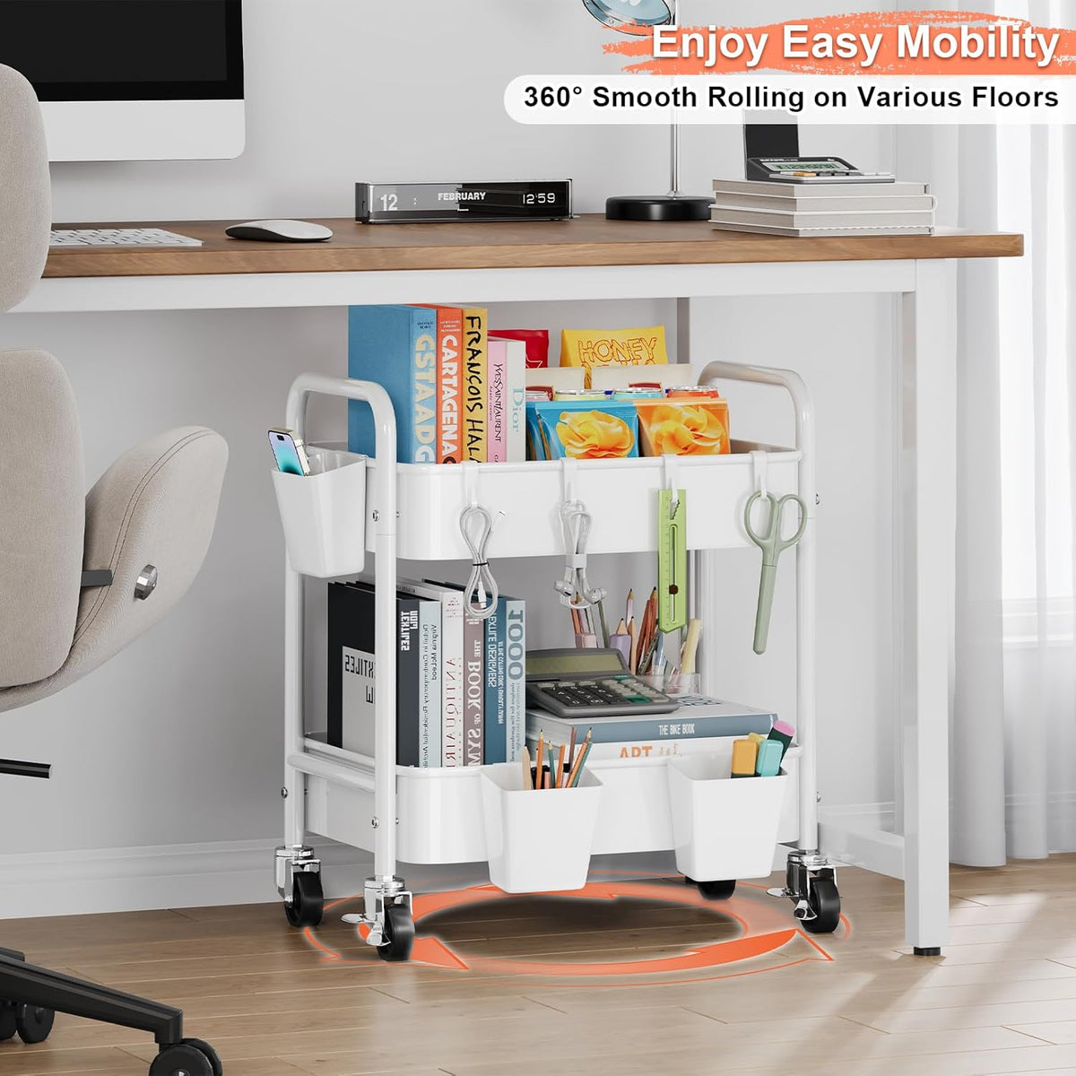 3 Tier Rolling Cart with Wheels, Metal Utility Storage Cart on Wheels, Craft Carts Organizer with Hanging Cups, Hooks, Three Tiered Rolling Carts for Bathroom, Laundry Room, Nursery, Office, Pink
