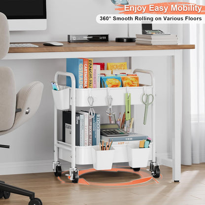 3 Tier Rolling Cart with Wheels, Metal Utility Storage Cart on Wheels, Craft Carts Organizer with Hanging Cups, Hooks, Three Tiered Rolling Carts for Bathroom, Laundry Room, Nursery, Office, Pink