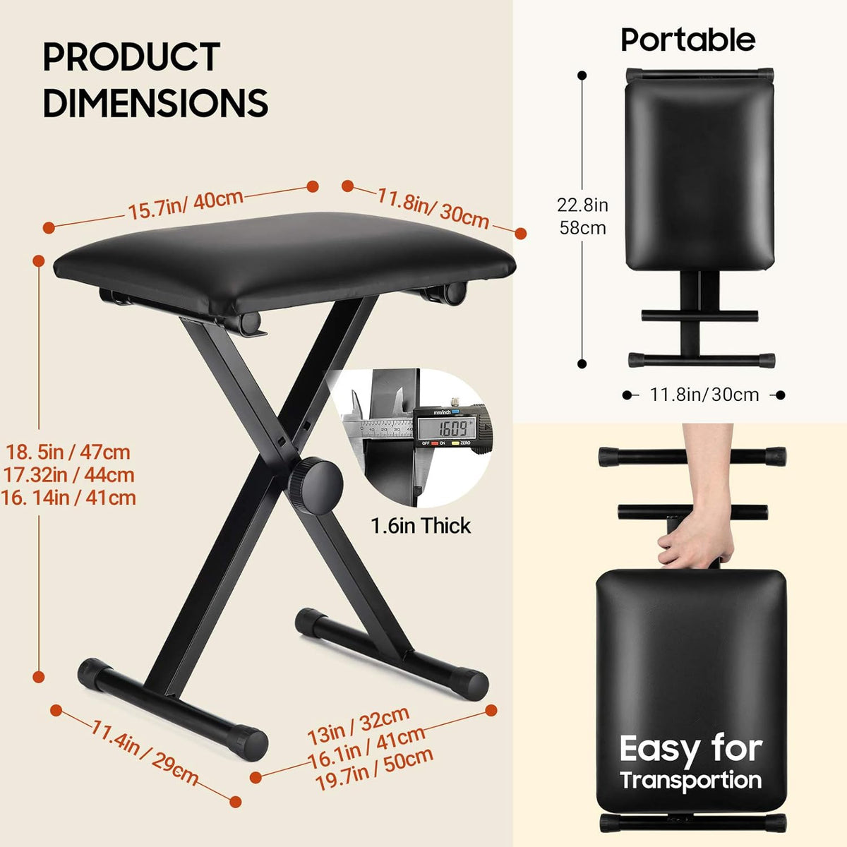 Keyboard Bench X-Style Height Adjustable 16.3-19.6in Padded Cushion Piano Stool Bench Keyboard Chair for Keyboards Piano CY0257