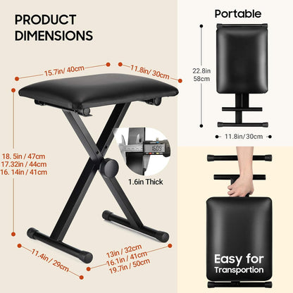 Keyboard Bench X-Style Height Adjustable 16.3-19.6in Padded Cushion Piano Stool Bench Keyboard Chair for Keyboards Piano CY0257