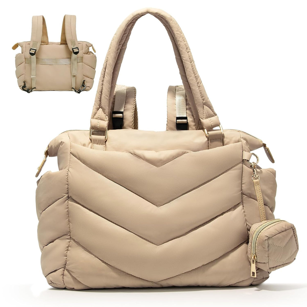 Diaper Bag Tote, Diaper Bag Backpack,Puffer Tote Bag with Pacifier Case, Lightweight Mommy for Hospital, Puffy with 10 Pockets, Convertible Baby for Travel,Khaki