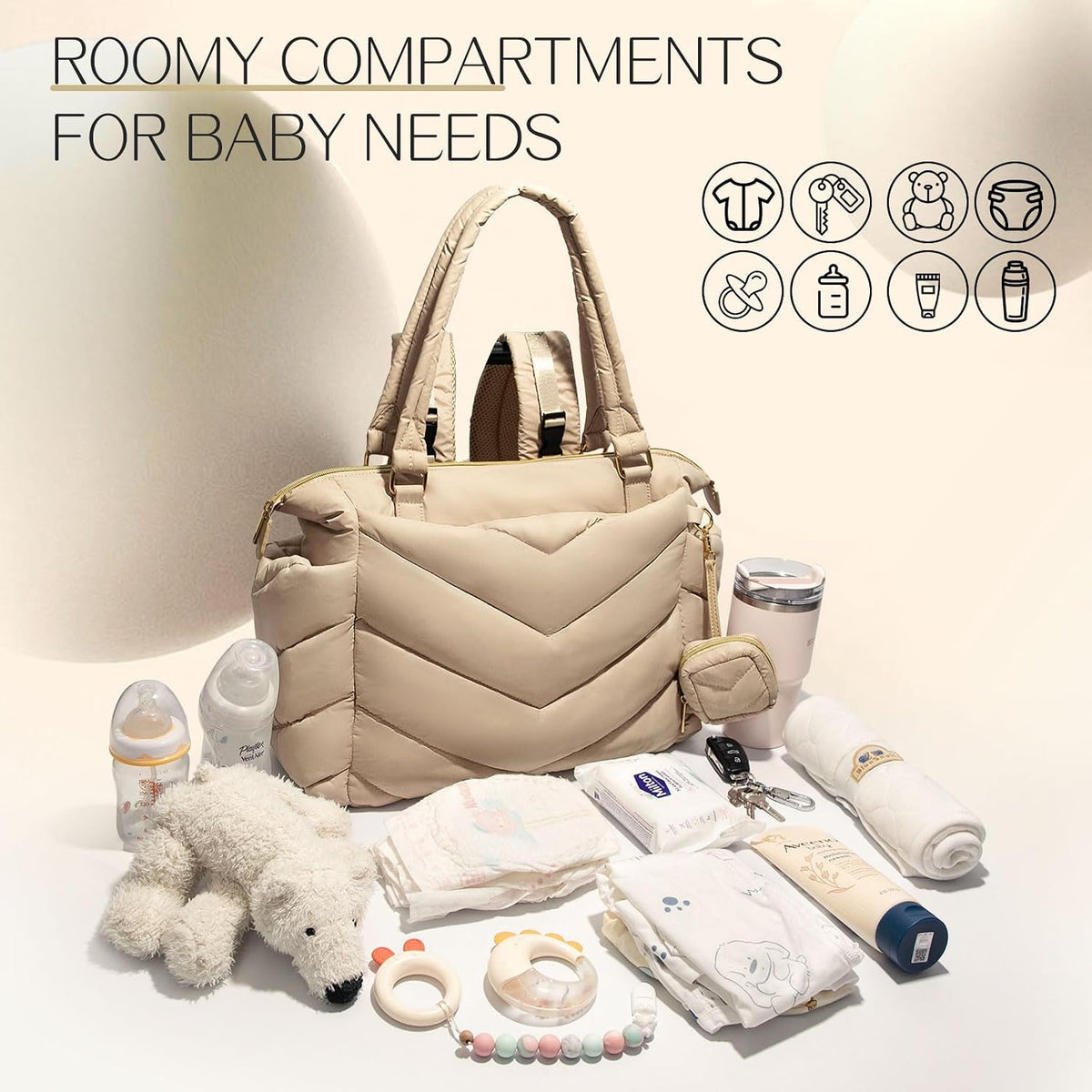 Diaper Bag Tote, Diaper Bag Backpack,Puffer Tote Bag with Pacifier Case, Lightweight Mommy for Hospital, Puffy with 10 Pockets, Convertible Baby for Travel,Khaki