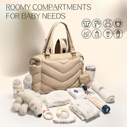 Diaper Bag Tote, Diaper Bag Backpack,Puffer Tote Bag with Pacifier Case, Lightweight Mommy for Hospital, Puffy with 10 Pockets, Convertible Baby for Travel,Khaki
