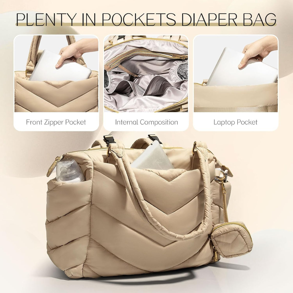 Diaper Bag Tote, Diaper Bag Backpack,Puffer Tote Bag with Pacifier Case, Lightweight Mommy for Hospital, Puffy with 10 Pockets, Convertible Baby for Travel,Khaki