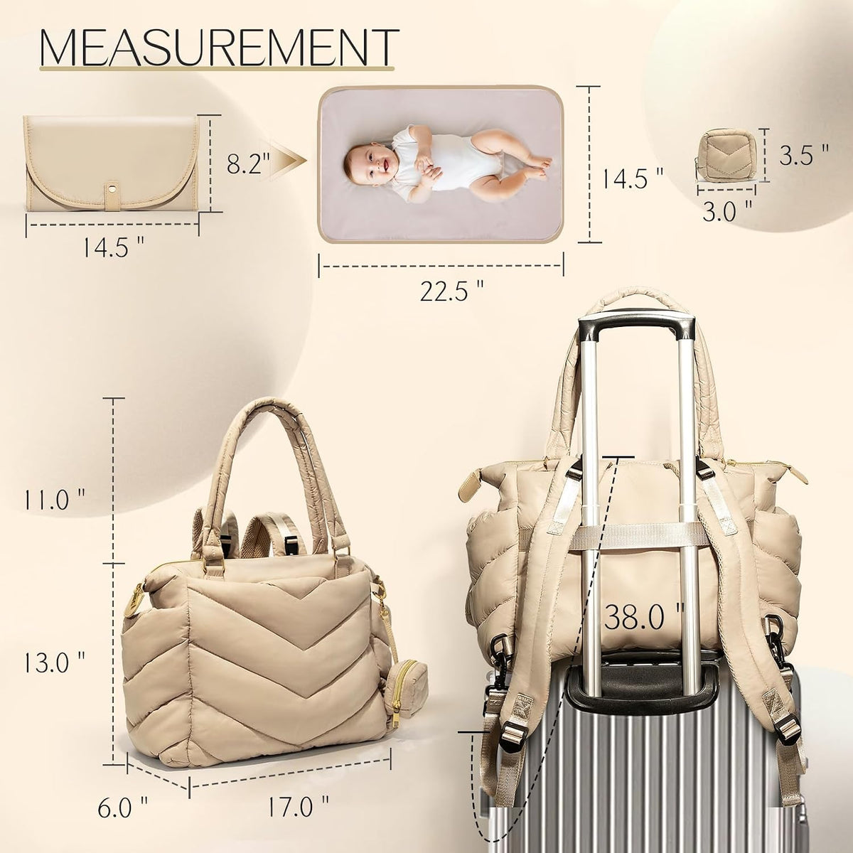 Diaper Bag Tote, Diaper Bag Backpack,Puffer Tote Bag with Pacifier Case, Lightweight Mommy for Hospital, Puffy with 10 Pockets, Convertible Baby for Travel,Khaki
