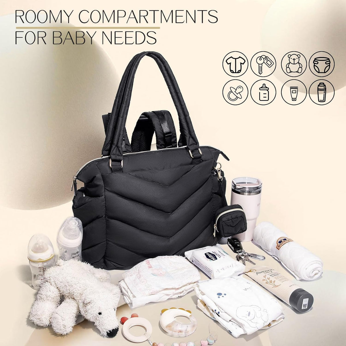 Diaper Bag Tote, Diaper Bag Backpack,Puffer Tote Bag with Pacifier Case, Lightweight Mommy for Hospital, Puffy with 10 Pockets, Convertible Baby for Travel,Khaki