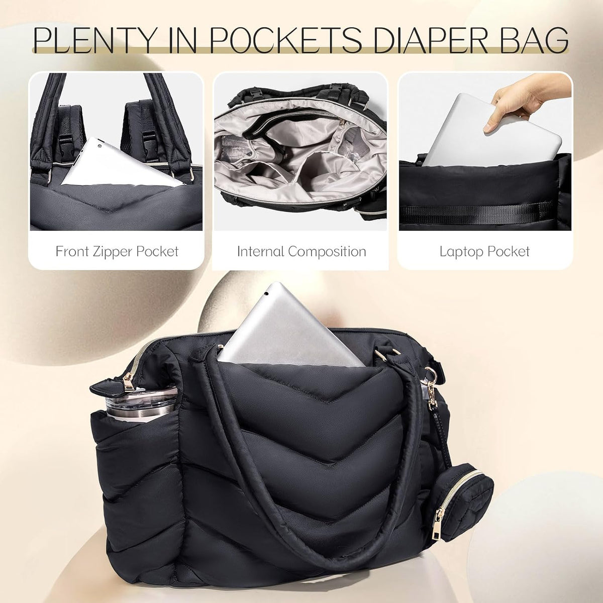 Diaper Bag Tote, Diaper Bag Backpack,Puffer Tote Bag with Pacifier Case, Lightweight Mommy for Hospital, Puffy with 10 Pockets, Convertible Baby for Travel,Khaki