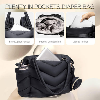 Diaper Bag Tote, Diaper Bag Backpack,Puffer Tote Bag with Pacifier Case, Lightweight Mommy for Hospital, Puffy with 10 Pockets, Convertible Baby for Travel,Khaki